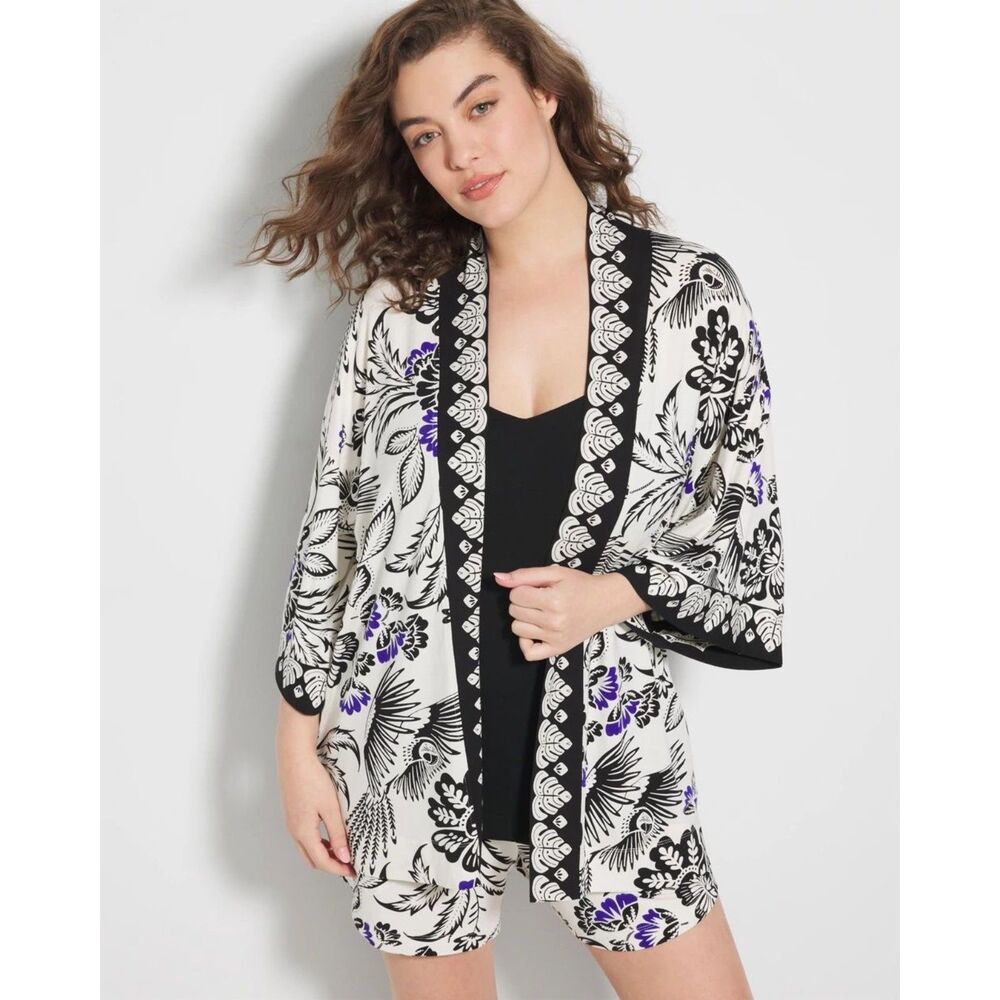 Soma Cool Nights Pajama Cardi Kimono Sleep Jacket Black White Purple Floral L